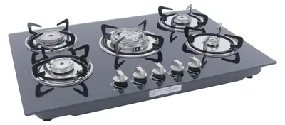 Image de Cuisinière à gaz, 5 brûleurs, surface en verre trempé, noir