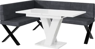 Produktbild von MEBLINI Eckbank für Esszimmer mit ausziehbarem Tisch  - Küchenbank - Essecke - Sitzecke Küche - PETER - X-Beine 128x168x87cm Links - Dunkelgrau Samt/M Weiß Hochgl.