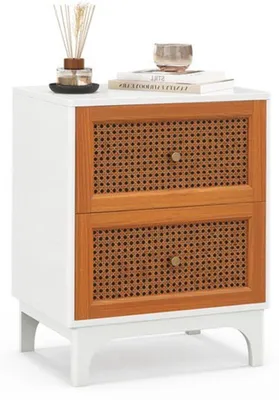 Image de Table de chevet - Style bohème - Finition en rotin et pieds en bois - 46x33x59,5 cm - Deux tiroirs
