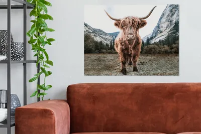 Produktbild von MuchoWow® - Leinwandbilder - Schottischer Highlander - Berg - Tiere, Wandbild, Wanddeko Bilder Wohnzimmer, 80x60 cm
