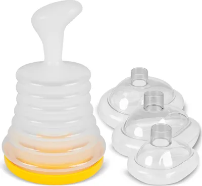 A medical device for clearing airways, shown with multiple mask attachments.