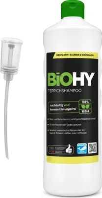 Produktbild von BiOHY Teppichshampoo (1l Flasche) + Dosierer | Teppichreiniger ideal zur Entfernung von hartnäckigen Flecken | SPEZIELL FÜR WASCHSAUGER ENTWICKELT