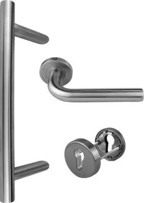 Produktbild von Edelstahl Haustür Beschlag- Set in verschiedenen Längen Rundrosette Art.Nr.:1803 Maß L:350/ Maß B:210mm