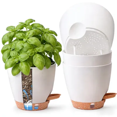 Obrázok produktu pre Sada 4 samovyvažovacích kvetináčov na bylinky, biela, 15 cm, vhodné na parapet a do kuchyne
