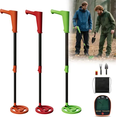 Produktbild von LARS360 Entdecker-Metalldetektor für Kinder in Grün - Mit LCD-Anzeige, wasserdichter Spule und langem Griff - Inklusive Grabungsset mit Tasche, Kralle und Schaufel