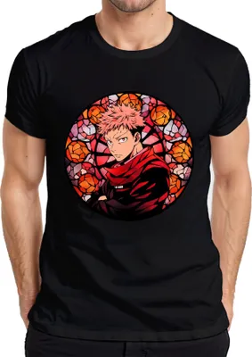 Zdjęcie produktu dla Itadori Jujutsu Kaisen anime czerwony szalik witraż gotycki t-shirt męski, czarny, XL