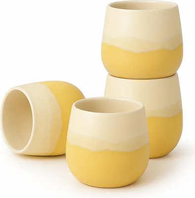 Produktbild von Teebecher Set "Fuji Yellow"  – Japanische Teebecher aus Keramik im modernen Design, 4 Stück - Ideal für Tee, Wasser, Sake