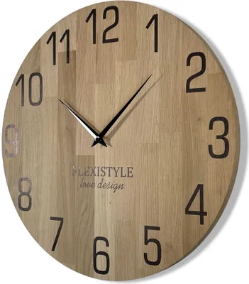 Produktbild von Wanduhr Natur Durchmesser holzoptik 100% Eiche, Holz modern, Wohnzimmer, ohne tickgeräusche  (50cm, Schwarz)