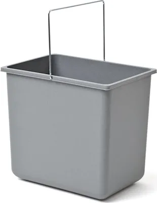 A gray rectangular bucket with a metal handle.