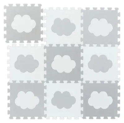 Obrázek produktu pro Relaxdays skládací podložka s motivem mraků, 18 dílů, z EVA pěny bez škodlivých látek, šířka x hloubka: 91,5 x 91,5 cm, bílá/šedá