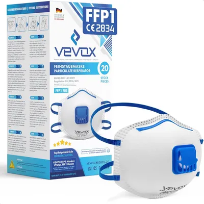 Produktbild von VEVOX® FFP1 Maske mit Ventil – 5er, 10er oder 20er Set – Staubmaske – Atemschutzmaske – Staubschutzmaske – Feinstaubmaske – Atemschutz