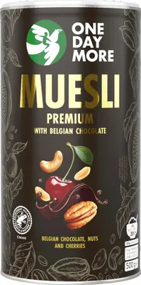 Produktbild von ONEDAYMORE | Premium Müsli mit belgischer Schokolade | Granola mit Pekannüssen Cashews gefriergetrockneten Kirschen 500 g