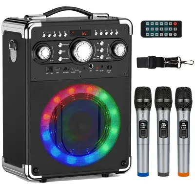 Immagine prodotto di Altoparlante portatile per karaoke, microfoni wireless, suono avvolgente, 3mic