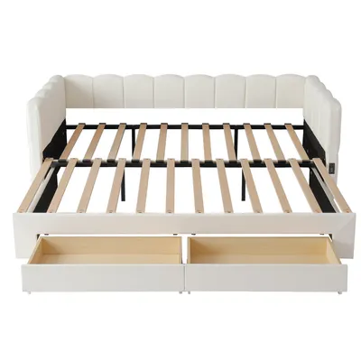 Produktbild von Flieks Polsterbett 90x190cm mit Ausziehbett, Schlafsofa Tagesbett mit Usb und Type-c, Jugendbett Daybett mit 2 Schubladen, Leinen, Beige