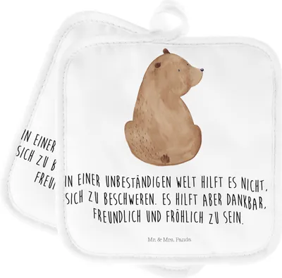 Produktbild von Mr. & Mrs. Panda Topflappen Bär Schulterblick - Weiß - Geschenk, Topfuntersetzer, Selbstachtung, Kochlappen, Weisheit, Bärenliebe, Motivation, Set, Bären, Ofenlappen
