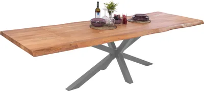 Produktbild von Esstisch Baumkante Akazie natur 220 (320) x 100 Spider-Gestell silber mit Ansteckplatten CALI