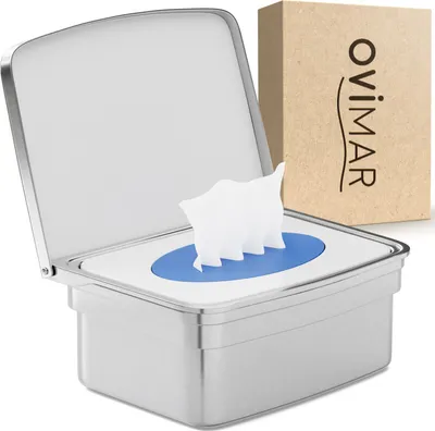 Produktbild von ovimar Feuchttücher Box mit Deckel Taksensand | in edlem silber poliertem Edelstahl | zum Bohren | Damit Kosmetiktücher Dank der Feuchttücher Aufbewahrungsbox Immer frisch bleiben
