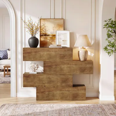 Produktbild von Tribesigns Konsolentisch aus Massivholz, 110 cm, 4-stufiger Landhaus-Sofatisch mit Ablagefächern, einzigartiger, versetzter Eingangstisch, Braun