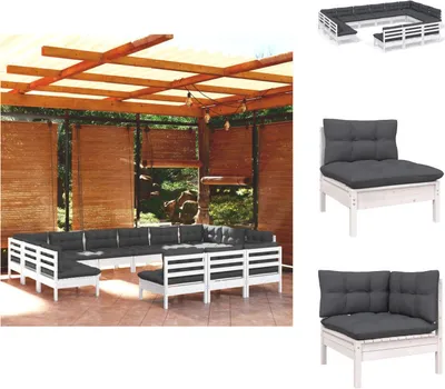 Produktbild von vidaXL 13-tlg. Garten-Lounge-Set mit Kissen Weiß Kiefer Massivholz -  Gartenmöbel-Sets