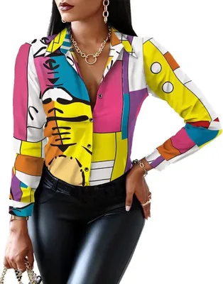 Image de ASKSA Chemisier Femme Col V Imprimé Patchwork Chemise Bouton Élégant Tunique Manches Longues, Jaune Rouge Rectangle, L