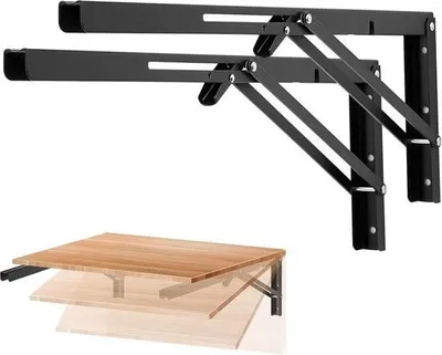 Immagine prodotto di 2 reggimensola pieghevoli - Resistenti (fino a 100 kg) - Nero opaco - Massimo 50 cm - Salvaspazio e multifunzione - Per scaffali, tavoli e panche - Fai da te