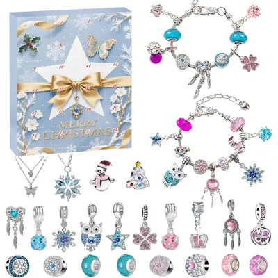 Produktbild von Adventskalender 2026 Kinder Mädchen Schmuck DIY Armbänder Halsketten Blau 24 Füllung