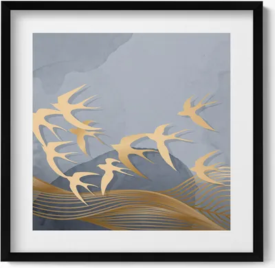 Produktbild von Illustration von fliegenden Vögeln– Wandbild mit Rahmen – Gerahmtes Bild  – Wanddekoration – 50x50 cm –  Schwarz Rahmen