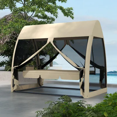 Produktbild von Hollywoodschaukel 3-Sitzer mit Liegefunktion, Gartenschaukel Stahl, Mückennetz, Polyester, Kaffee | 240x140x197 cm | 22 kg | 2-in-1