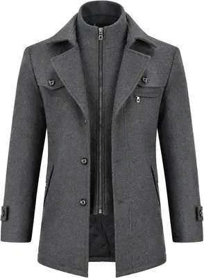 Produktbild von Grauer Wollwintermantel für Herren, halblanger Trenchcoat im Slim-Fit-Schnitt mit doppelter Kragenpartie und Reißverschluss