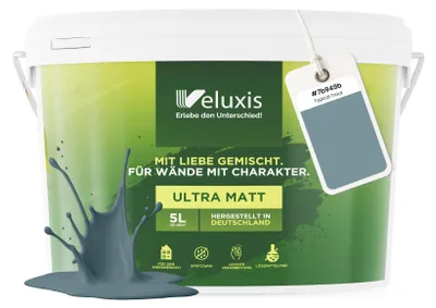 Produktbild von Wandfarbe Blau Grau Petrol Matt Innenfarbe – Deckkraft Klasse 1, VOC-frei, Ohne Grundierung, Tropfarm – Wohnzimmer & Schlafzimmer – 5L – Veluxis (Typical Trout)