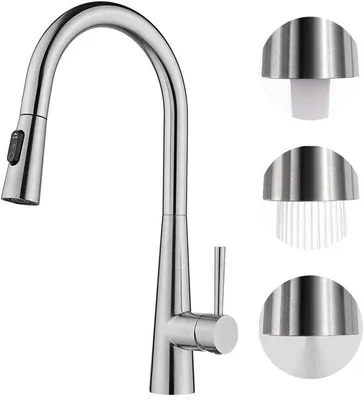 Image de Robinet de cuisine haute pression avec douchette, extensible, 3 jets, pivotant à 360 degrés, en acier inoxydable brossé