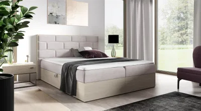 Produktbild von Boxspringbett Bett BEILA 180x200cm Nordic Teak Stoff Hellbeige inkl. Bettkasten