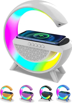 Produktbild von RGB Nachtischlampe mit Kabellosem 15W Ladegerät, Intelligente LED Tischlampe, Bluetooth Lautsprecher, Dimmbares Nachtlicht, Atmosphä Renlampe Weiß