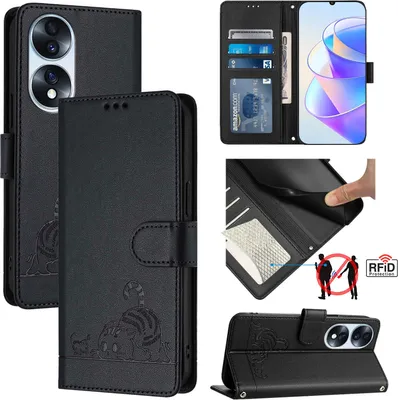 Produktbild von Leder Hülle für Honor 70 Süße Katze Flip Case Brieftasche Schutzhülle mit Standfunktion Schwarz