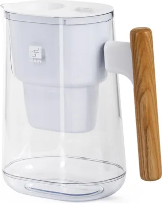 A white and clear water filter pitcher with a wooden handle.