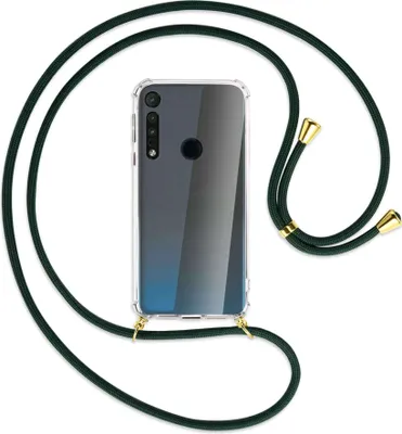 Produktbild von Handykette Backcover-Schutzhülle mit Band (Metall goldfarben) für Motorola One Macro - dunkelgrün