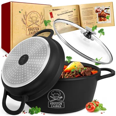 A cooking pot filled with food, a glass lid, a recipe book, and a box are arranged on a white background, with some decorative elements like herbs and spices.