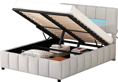 Produktbild von Doppelbett(140x200cm,Grau)Polsterbett,Familienbett,Plattformbett mit LED-Beleuchtung,Modernes Bettgestell mit Stauraum