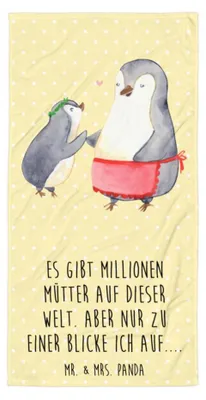 Produktbild von Mr. & Mrs. Panda Duschhandtuch Pinguin mit Kind - Gelb Pastell - Geschenk, Muttertag, Badehandtuch, Duschtuch, Strandlaken, Mama, Strandtuch, Reisehandtuch, Handtuch, Mom