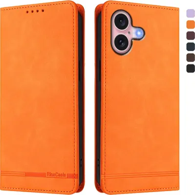 Produktbild von Hülle für iPhone 16, Retro Kunstleder Ständer Klapphülle mit Kartenfächer und Magnetische Orange