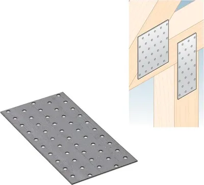 A metal plate with many holes is shown in the foreground, and a diagram of two similar plates attached to wooden beams is in the background.