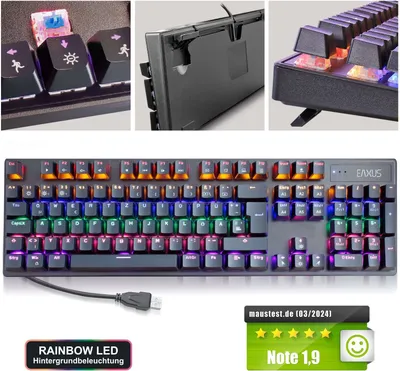 Produktbild von Eaxus® Mechanische Gaming Tastatur - LED Gaming Keyboard mit Makrotasten & Blue Switches, USB 1000 Hz Pollingrate, QWERTZ, Schwarz