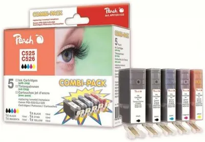 Obrázok produktu pre Peach Combi-Pack - 5-balenie - čierna, žltá, azúrová, purpurová - kompatibilná - atramentová kazeta (alternatíva k: Canon PGI-525BK, Canon CLI-526BK, Canon CLI-526C, Canon CLI-526M, Canon CLI-526Y)