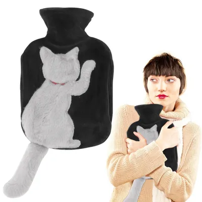 Image de Bouteille chauffante avec housse, 1 litre, motif chat, couleur grise