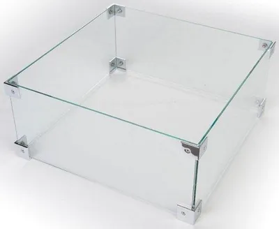 A clear glass box with silver metal corner reinforcements, shown from a diagonal angle against a white background.