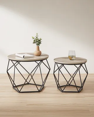 Image de VASAGLE Table basse ronde, lot de 2, table de salon, table d'appoint, ambiance vintage, plateau amovible, pour salon, gris-noir LET040B02