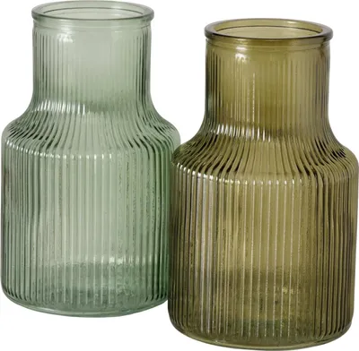 Zdjęcie produktu dla Zestaw 2 szklanych wazonów Boltze – wazony z żłobieniami, 14 cm, średnica 9 cm, lakierowane szkło w kolorze zielonym, błyszczące
