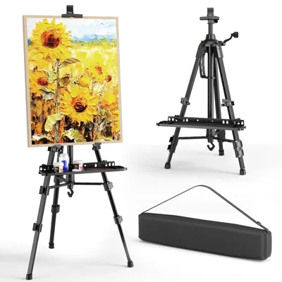 Obrázok produktu pre Hliníkový stojan – Nastaviteľný umelecký stojan – 50–152 cm – Na maľovanie a prezentáciu – Kovová konštrukcia – S prepravnou taškou – Čierna