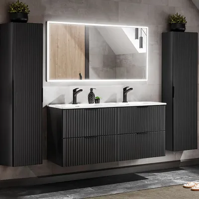 Zdjęcie produktu dla Kompletny zestaw mebli łazienkowych z umywalką 121 cm ADELAIDE-56-BLACK w kolorze matowej czerni z rowkowanym wzorem, szer./wys./gł. ok. 220/200/46 cm