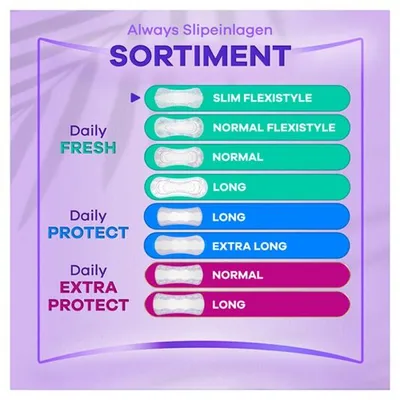 Obrázok produktu pre 3x balenie Always Daily Fresh Slim, flexibilné vložky do spodného prádla, 100 kusov, s príjemnou vôňou, ultra tenké a vhodné pre všetky typy spodného prádla